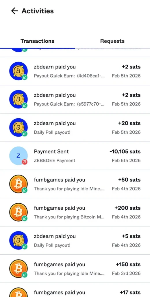 Proof of my ZBD app earnings in February 2026